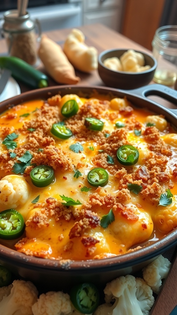A bubbling cauliflower jalapeño casserole topped with cheese and breadcrumbs, garnished with cilantro.